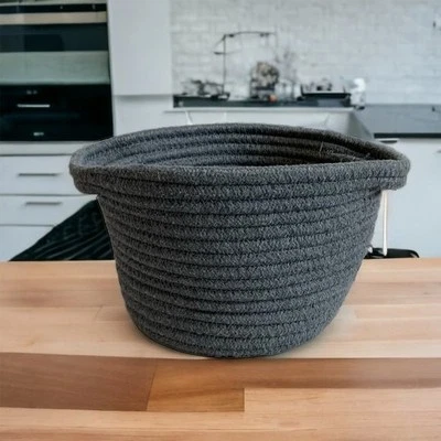 Pequeña cesta de almacenamiento de cuerda redonda con asas gris oscuro 9"x8"x5.5" boho chic Foto 1 de 4