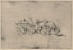 Antike Radierung - Generalhändler 20. Jahrhundert undeutlich signiert - Pferd & Wagen - Bild 1 von 6
