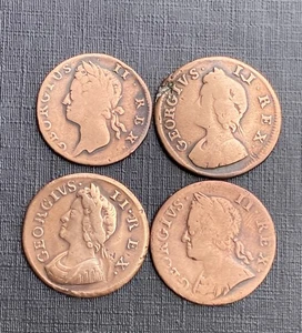 George II Farthings Copper Coins (4) 1738 IE 1736 1733 1754 (all Cleaned Lot H75 - Picture 1 of 7