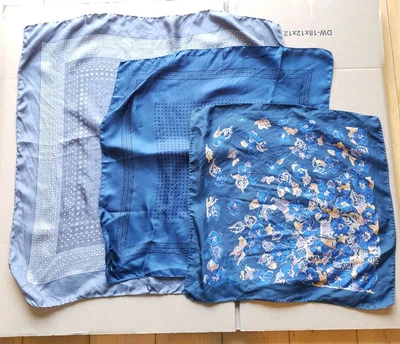 Cuadrados de bolsillo de seda X3 vintage azul gris enrollado a mano y Allsilk Inglaterra  Foto 1 de 4
