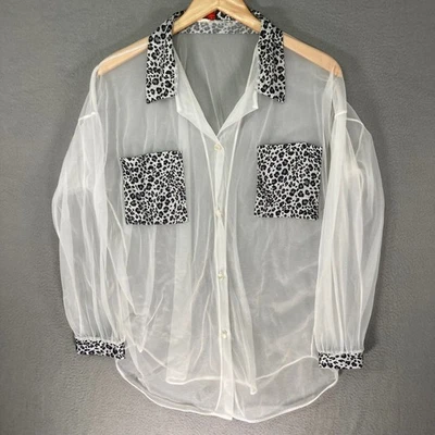Nite Images Sheer White Leopard Print Collar Cuff Pocket Button Up Shirt Top - Image 1 of 4