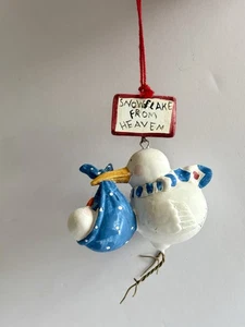Jolly Follies cicogna bambino ragazzo ornamento fiocco di neve dal cielo Sandi Gore Evans - Foto 1 di 7