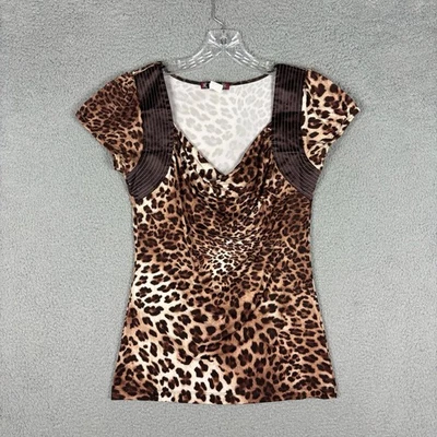 Vtg Trixxi Top Women’s Medium Brown Leopard Print Casual Stretch 90s Y2K - Image 1 of 4