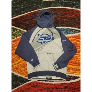 Fox Racing Vintage Embroidered Graphic Long Sleeve Grey & Blue Sweater Hoodie - Picture 1 of 11
