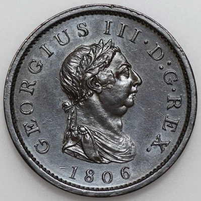 1806 GEORGE III PENNY, BRITISH COPPER COIN, SOHO MINT, INCUSE HAIR CURL, EF - Image 1 of 2