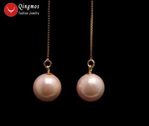 10mm Pink Round Sea shell pearl & Gold-Color silver s925 Ear Line Earring-ear658