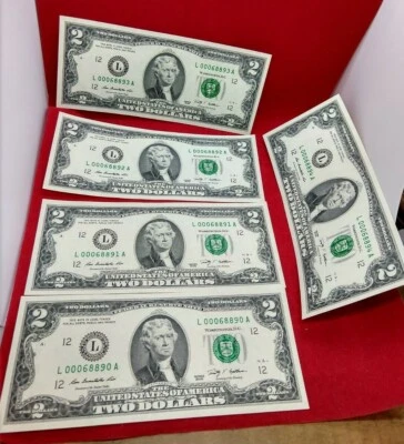 5 CONSECUTIVE 2009 $2 FRN FEDERAL RESERVE NOTE CH UNC DOUBLE REPEAT SERIAL #S 2 - Image 1 of 2