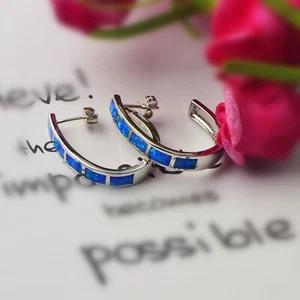 Hawaii Ocean Series Round Blue Fire Opal Earrings Silver Filled For Women - Picture 1 of 6