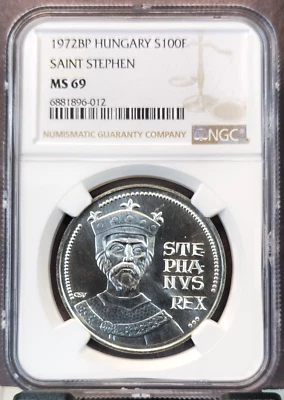 1972 HUNGARY SILVER 100 FORINT SAINT STEPHEN NGC MS 69 RARE TOP POP - Image 1 of 3