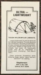 1978 Stephenson Tents Gilford NH Print Ad Ultra Lightweight Four Models Two Size - Picture 1 of 1