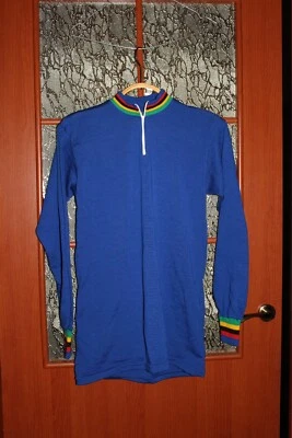 Vintage 1960s Blue Color Rainbow Stripe Wool Cycling Jersey - size 4 - Image 1 of 4