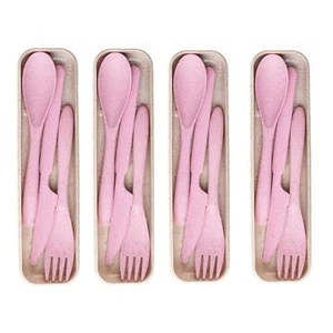 Wheat Straw Cutlery Set Unbreakable Fork & Spoon Set with Travel Case Pack of 4 - Picture 1 of 6