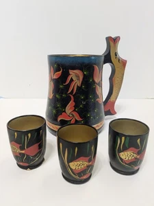 Vintage USSR Khokhloma Tankard and Glasses, Russian Folk Art, Fiah Themed - Picture 1 of 7