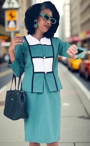 Vintage Retro 80s 90s I.S.B Womens Skirt Suit Jacket Size M Teal Green Peplum - Picture 1 of 15