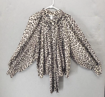 H&M Blouse Womens Large Brown Leopard Print Long Sleeve Boho Hippie Pleated Top - Image 1 of 4