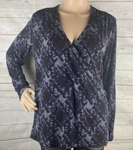 Blusa Merona Grande Gris Púrpura Negra Estampado Abstracto Imitación Envoltura Manga Larga Camisa - Imagen 1 de 12