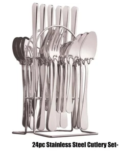 24PC CUTLERY DINNER SET STAINLESS STEEL METAL STAND RACK FORKS TEA SPOONS - Picture 1 of 7