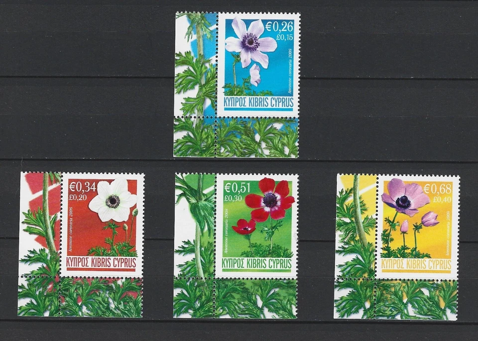 JUEGO DE FLORES DE ANÉMONA CHIPRE 2008 4V. ESQUINA con MARGEN MNH Foto 1 de 1