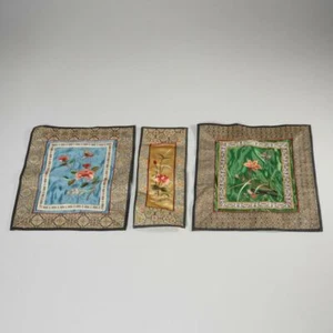 SET OF (3) VINTAGE CHINESE EMBROIDERED SILK MINIATURE DOLLHOUSE FLORAL RUGS - Picture 1 of 4
