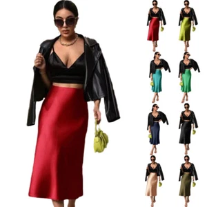 Womens Lady Satin Skirt Midi Faux Silk High Waist A-line Retro Elegant Dress - Picture 1 of 18