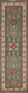 Grün/Elfenbein Kasak Geometrisch 10 Fuß Läufer Teppich Handgeknüpft Wolle 3x10 - Bild 1 von 12