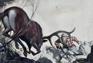 REYNOLD BROWN SIGNED ORIGINAL WILDLIFE PAINTING RIFLE HUNTER CHARGE BY BIG BUCK - Picture 1 of 20
