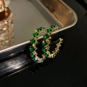 Hoop Crystal Earrings Emerald Green Large Big Rhinestone Gold Cubic Zirconia - Picture 1 of 1