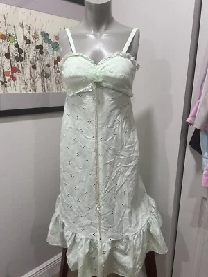 Handmade Eyelet Mint Green  Sundress W/ Ruffled Hemline. Rose At Bustline. Small - Image 1 of 4