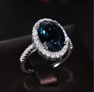 New London Blue Topaz Solitaire Style Ring Sterling Silver Shiny Full Diamond... - Picture 1 of 5