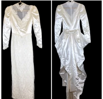 Vestido de novia de colección años 80 Jessica McClintock 5/6 encaje satinado lazo tren romance Foto 1 de 4