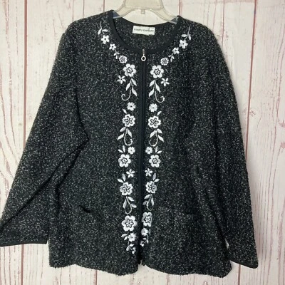 Cardigã Cathy Daniels Feminino 2X Preto Tweed Zíper Completo Suéter Bordado Lantejoulas - Imagem 1 de 4