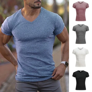 Mens Summer V Neck Short Sleeve Tops T-shirt Slim Stretch Sport Muscle Tee Tunic - Picture 1 of 12