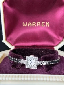 1930's Art Deco Original Box Warren Platinum and Diamond Ladies Watch - Picture 1 of 8