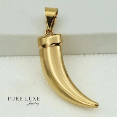 NEW Gift Mens Unisex Stainless Steel Gold Wolf Fang Tooth Charm Pendant + Box - Image 1 of 2