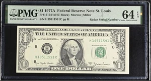 1977A $1 FRN St. Louis • PMG 64 EPQ • RADAR Serial Fancy H19511591C • Nice CU - Picture 1 of 3