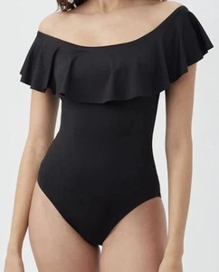 TRINA TURK Monaco Ruffle Bandeau One Piece Swimsuit BLK SZ 6 - Picture 1 of 3