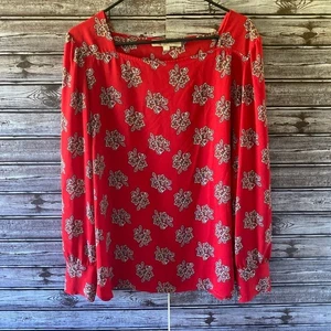 LOFT Women's Long-Sleeved Blouse Size XL Red Floral Square Neck Popover - Picture 1 of 7