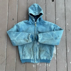 Vintage 80s 90s Carhartt Jacket Teal Blue M JQ696 Faded Distressed Made In USA - Picture 1 of 18