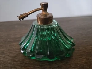 1940’s Vintage I.W. Rice Perfume Bottle, Green Cut Glass, Brass & Green - Picture 1 of 4