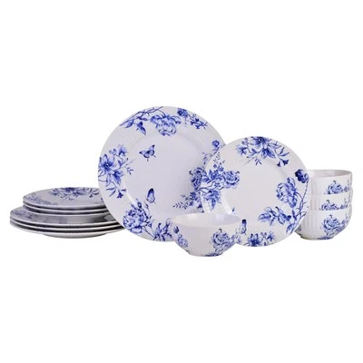 222 FIFTH Cassian Embossed Toile Blue Porcelain 12 Pc Dinnerware Set