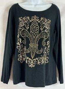 DG2 By Diane Gilman Size L Black Gold Stud Royal Emblem Pullover Top Long Sleeve - Picture 1 of 17