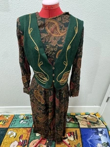 Vintage Another Thyme Paisley Vested Midi Pleated Praire Dress Green Cottagecore - Picture 1 of 6