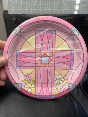 RELIGIOUS Sacred Cross Pink SMALL PAPER PLATES (8) ~ Birthday Party Supplies New - Image 1 of 2