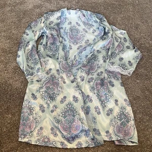 APT 9 Silky Satin Floral Robe Blue Purple Lace on Sleeves Dressing Gown Size M - Picture 1 of 4