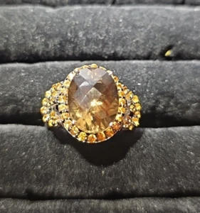 Smokey Quarts Sterling Silver Ring With Yellow Stones - Size 10 - Picture 1 of 10