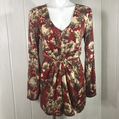 Ark & Co Shorts Romper Large Red Tan Floral Split Long Sleeves - Image 1 of 4