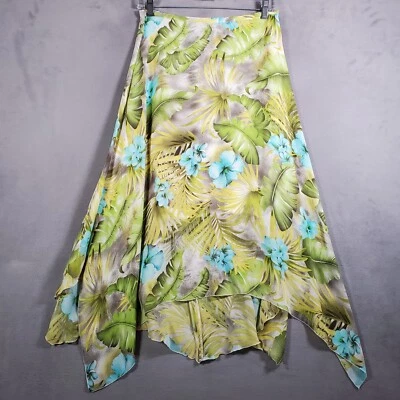 Y2K Midi Skirt Womens 6 Green Blue Floral Silk Asymmetrical Hem Fairy Coquette - Image 1 of 4