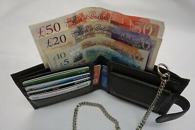 Gents Soft Leather Wallet With Security Chain RFID Proof Black • 10.99£