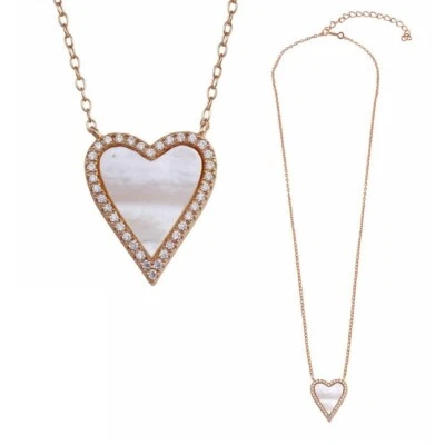 Sterling Silver Rose Gold Plated Necklace w/ Mother of Pearl & CZ Heart Pendant - Image 1 of 4