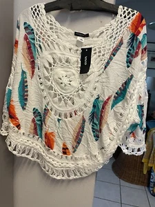 New Boho Crochet I certs. Top Feather Dedign Large - Picture 1 of 3